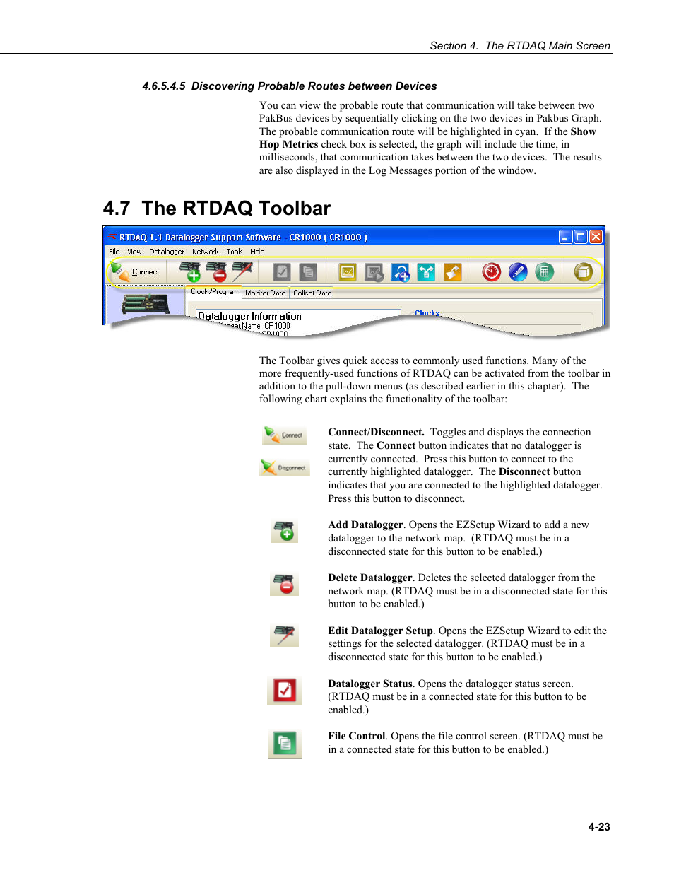5 discovering probable routes between devices, 7 the rtdaq toolbar | Campbell Scientific RTDAQ Software User Manual | Page 59 / 368