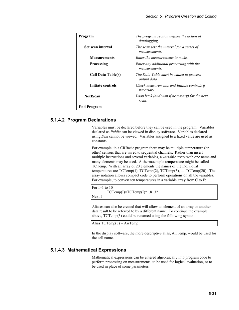 2 program declarations, 3 mathematical expressions | Campbell Scientific RTDAQ Software User Manual | Page 81 / 368