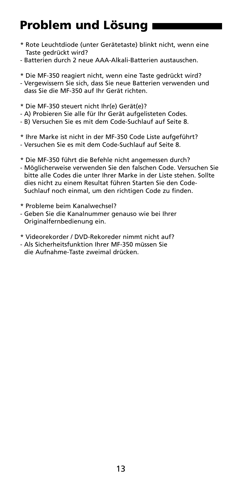 Problem und lösung | Aiwa MF-350 User Manual | Page 14 / 73