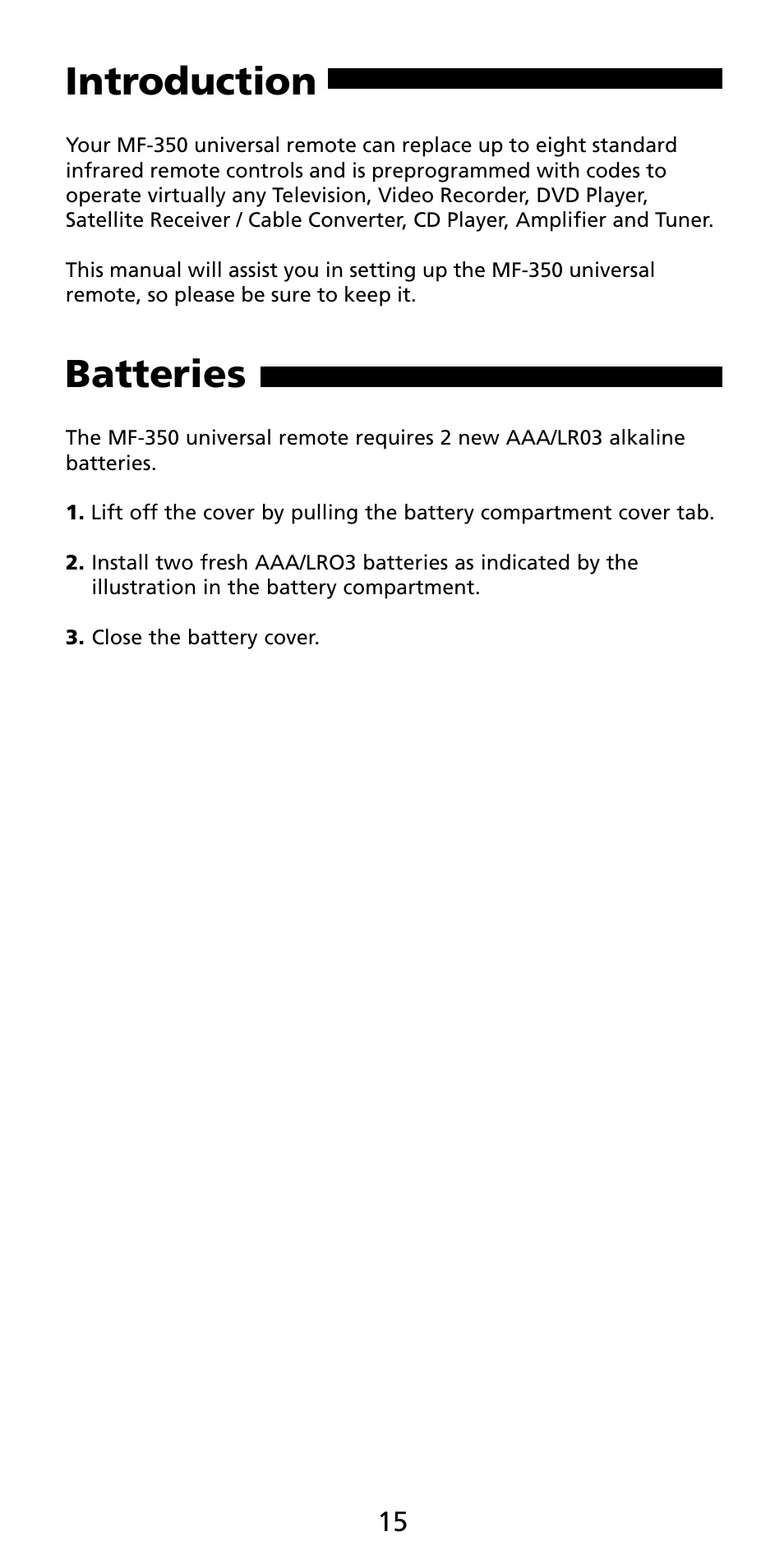 Introduction, Batteries | Aiwa MF-350 User Manual | Page 16 / 73