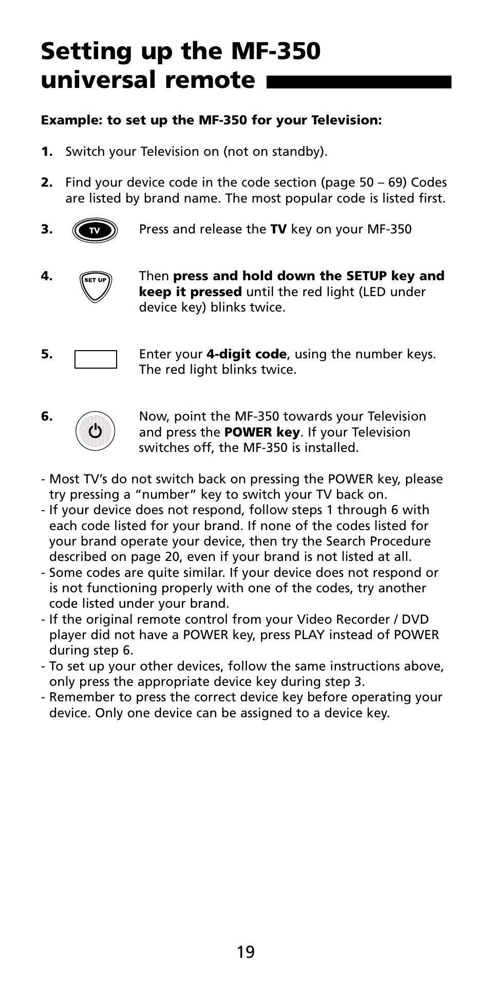 Setting up the mf-350 universal remote | Aiwa MF-350 User Manual | Page 20 / 73
