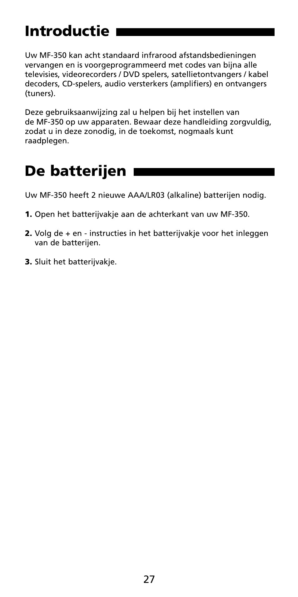 Introductie, De batterijen | Aiwa MF-350 User Manual | Page 28 / 73