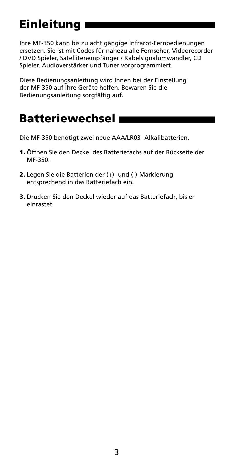 Einleitung, Batteriewechsel | Aiwa MF-350 User Manual | Page 3 / 73