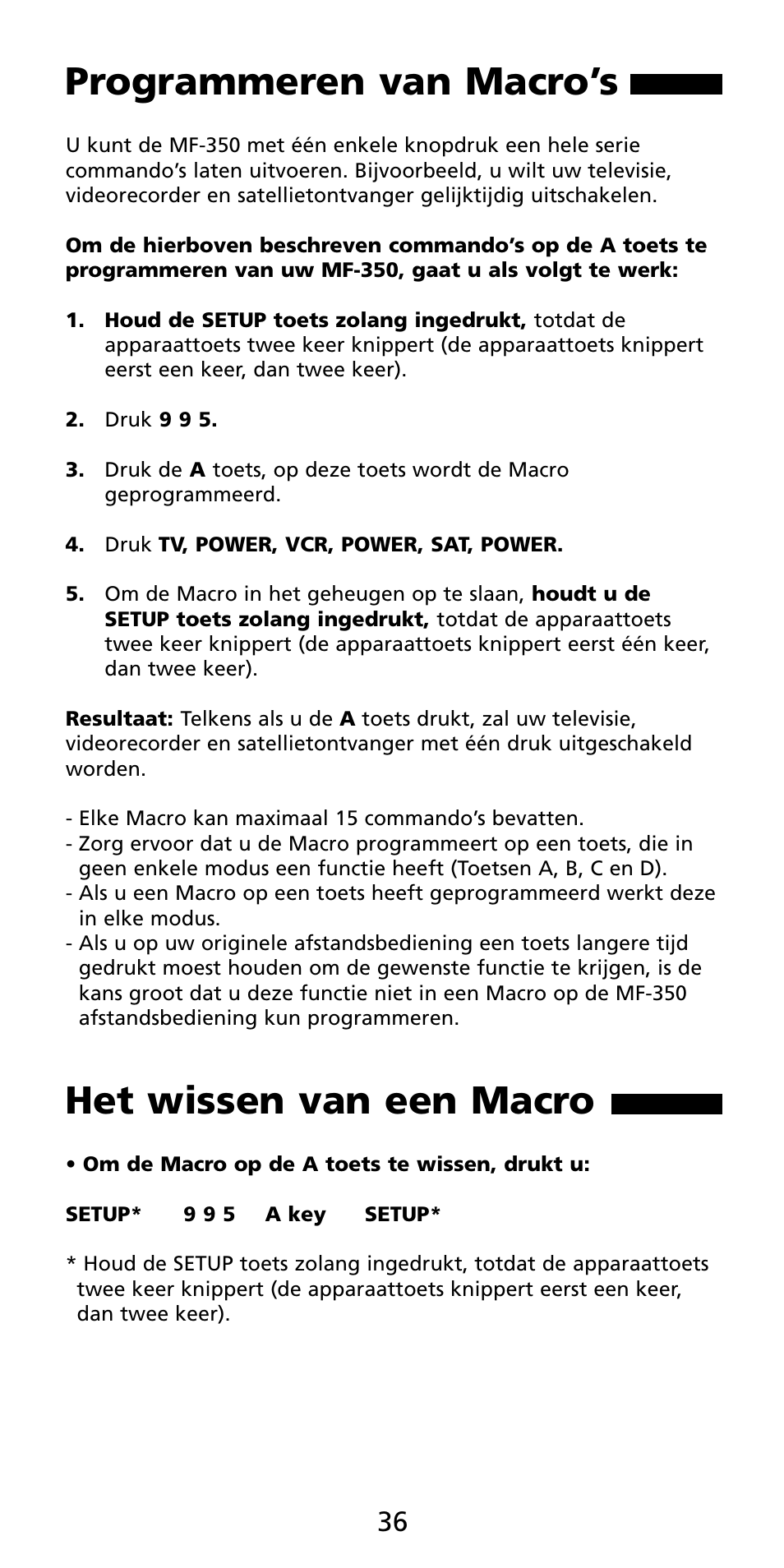 Programmeren van macro’s, Het wissen van een macro | Aiwa MF-350 User Manual | Page 37 / 73