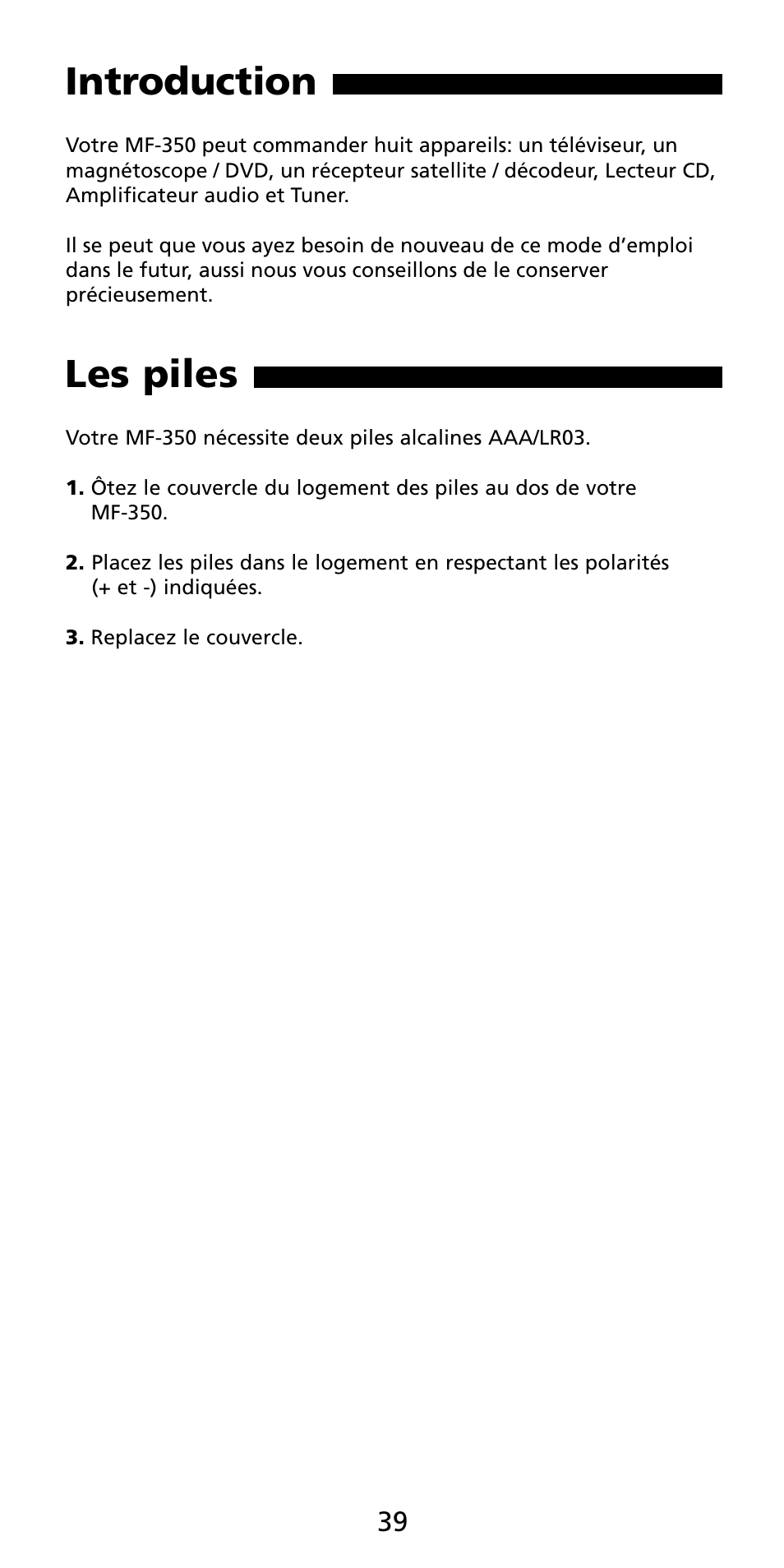 Introduction, Les piles | Aiwa MF-350 User Manual | Page 40 / 73