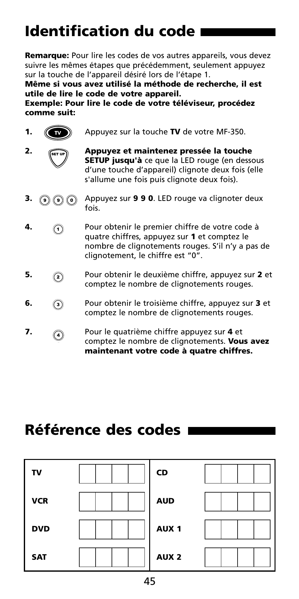 Identification du code, Référence des codes | Aiwa MF-350 User Manual | Page 46 / 73