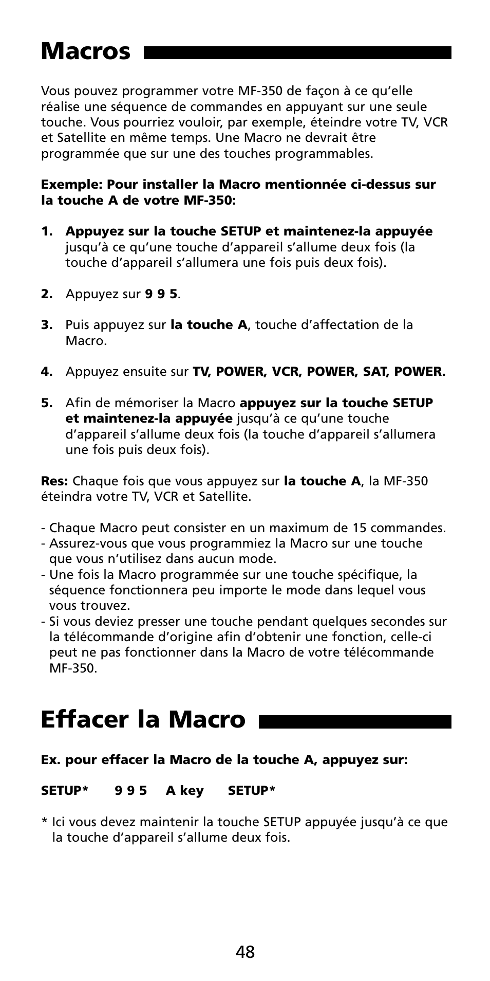 Macros, Effacer la macro | Aiwa MF-350 User Manual | Page 49 / 73