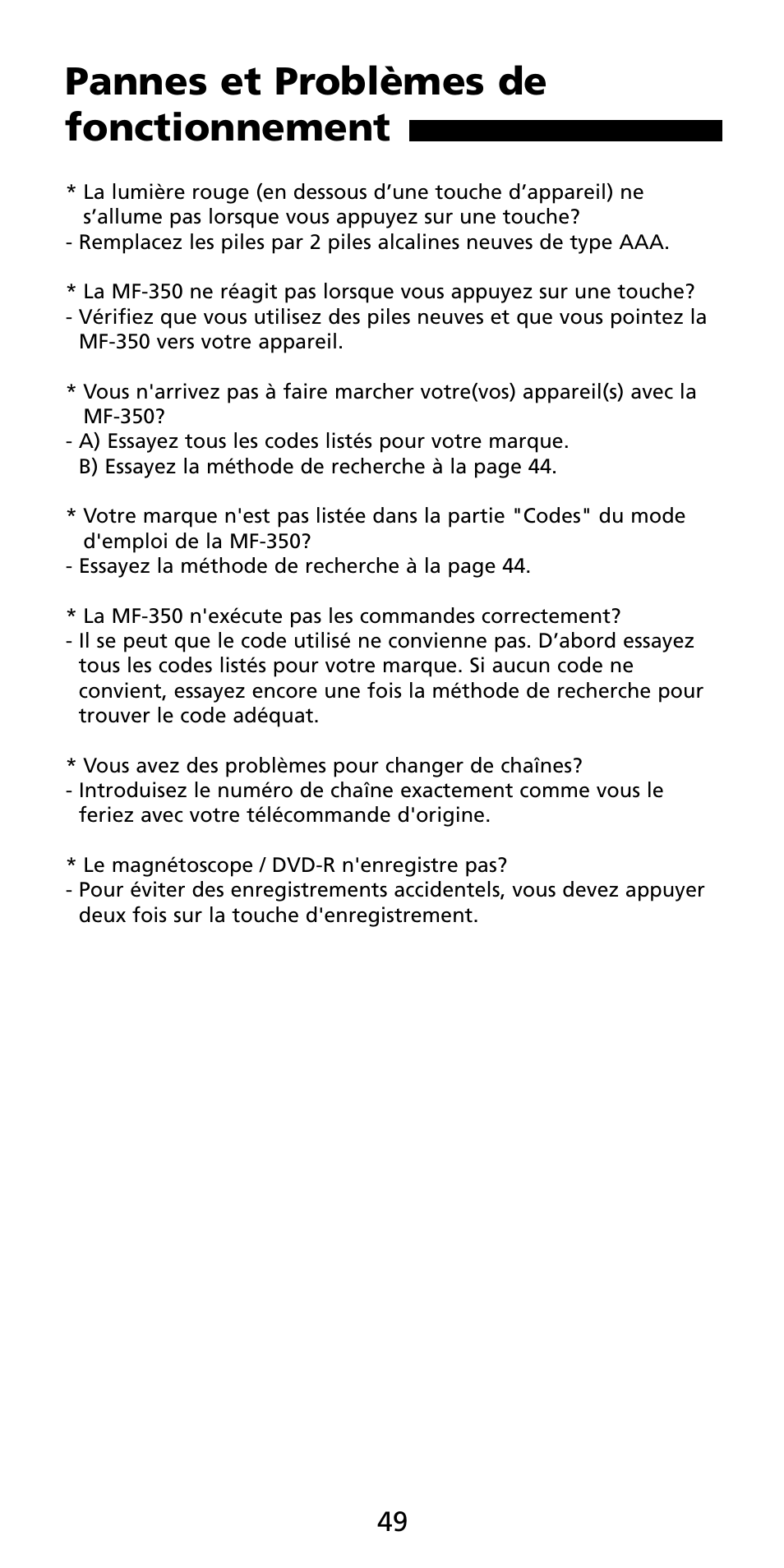Pannes et problèmes de fonctionnement | Aiwa MF-350 User Manual | Page 50 / 73