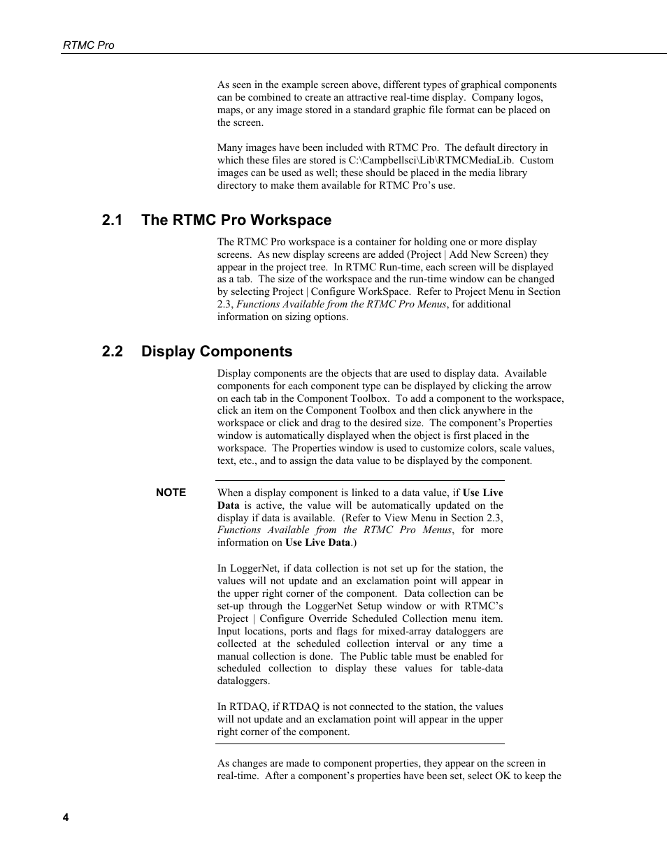 1 the rtmc pro workspace, 2 display components, The rtmc pro workspace | Display components | Campbell Scientific RTMC Pro Real-Time Monitor and Control Professional Software User Manual | Page 10 / 76