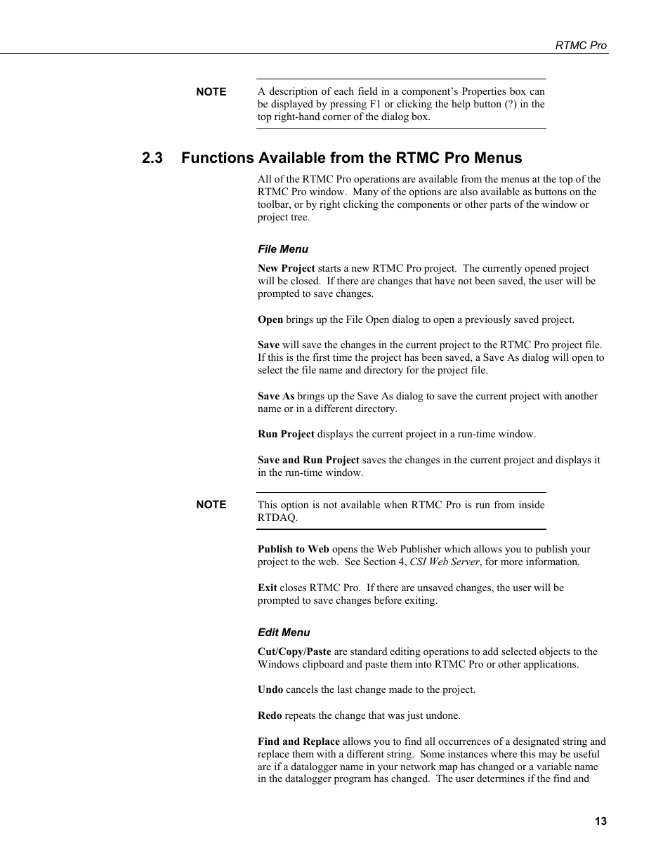 3 functions available from the rtmc pro menus, Functions available from the rtmc pro menus | Campbell Scientific RTMC Pro Real-Time Monitor and Control Professional Software User Manual | Page 19 / 76