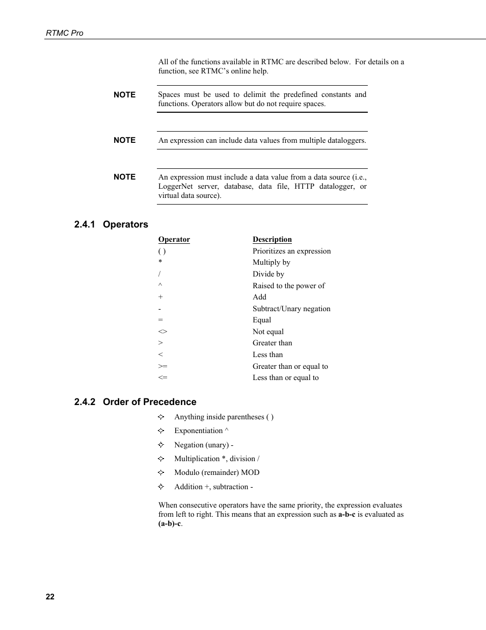 1 operators, 2 order of precedence, Operators | Order of precedence | Campbell Scientific RTMC Pro Real-Time Monitor and Control Professional Software User Manual | Page 28 / 76