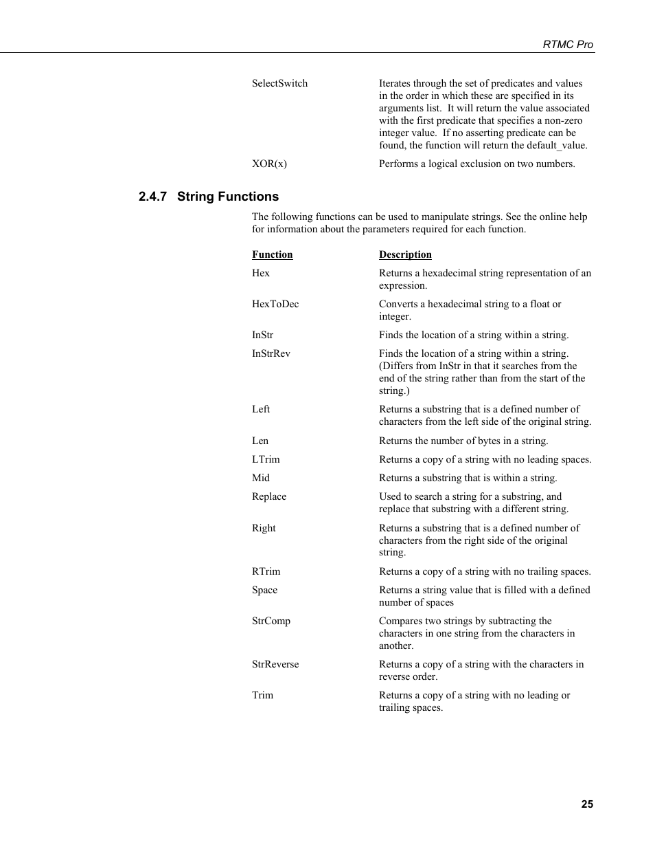 7 string functions, String functions | Campbell Scientific RTMC Pro Real-Time Monitor and Control Professional Software User Manual | Page 31 / 76