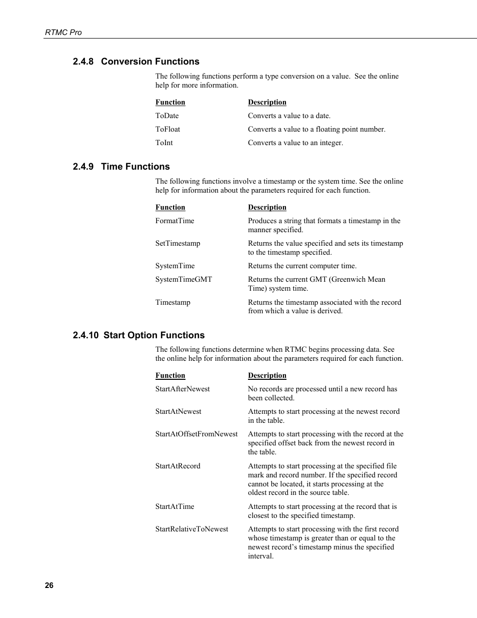 8 conversion functions, 9 time functions, 10 start option functions | Conversion functions, Time functions, Start option functions | Campbell Scientific RTMC Pro Real-Time Monitor and Control Professional Software User Manual | Page 32 / 76