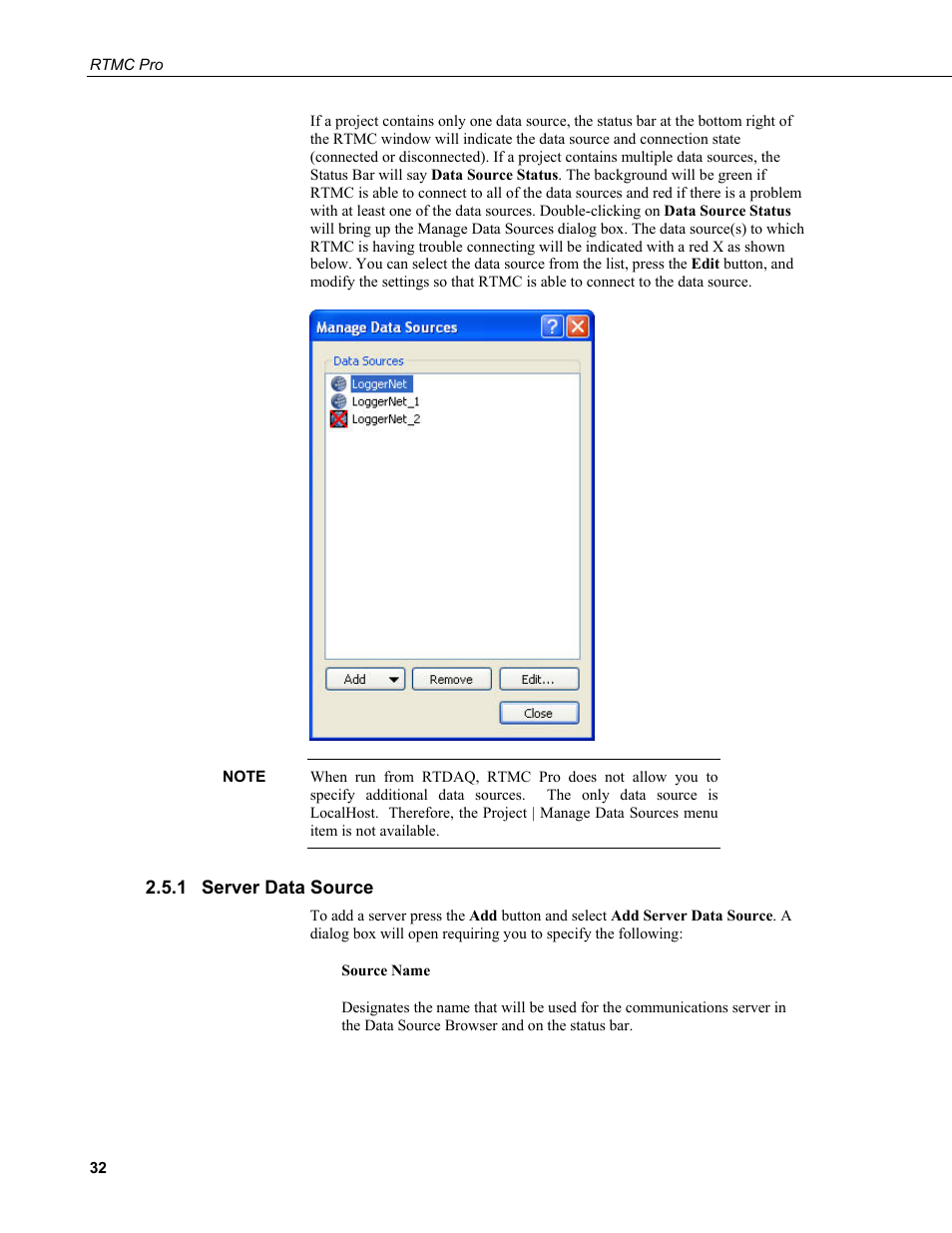 1 server data source, Server data source | Campbell Scientific RTMC Pro Real-Time Monitor and Control Professional Software User Manual | Page 38 / 76