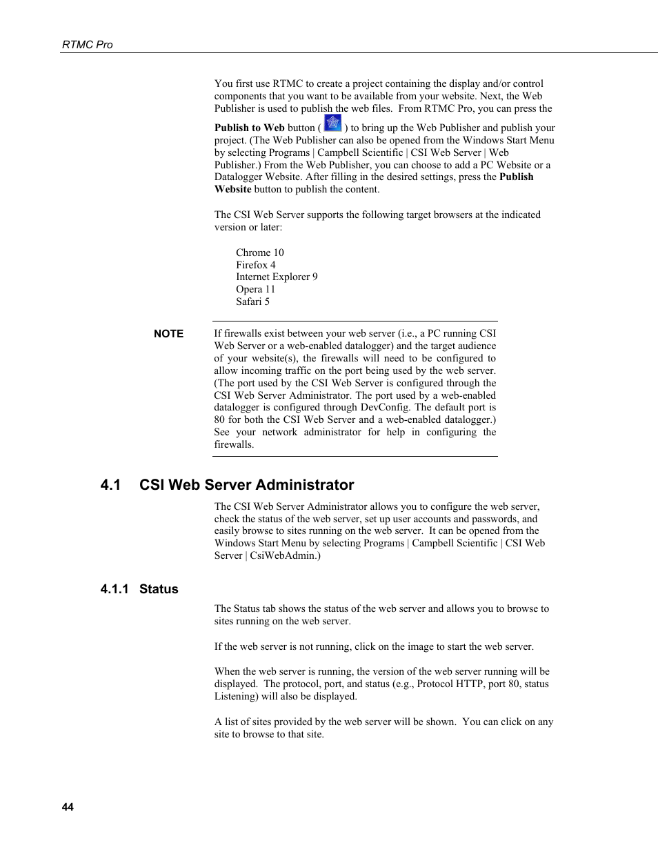 1 csi web server administrator, 1 status, Csi web server administrator | Status | Campbell Scientific RTMC Pro Real-Time Monitor and Control Professional Software User Manual | Page 50 / 76