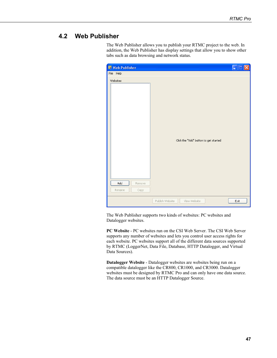 2 web publisher, Web publisher, 2 web publi | Sher | Campbell Scientific RTMC Pro Real-Time Monitor and Control Professional Software User Manual | Page 53 / 76