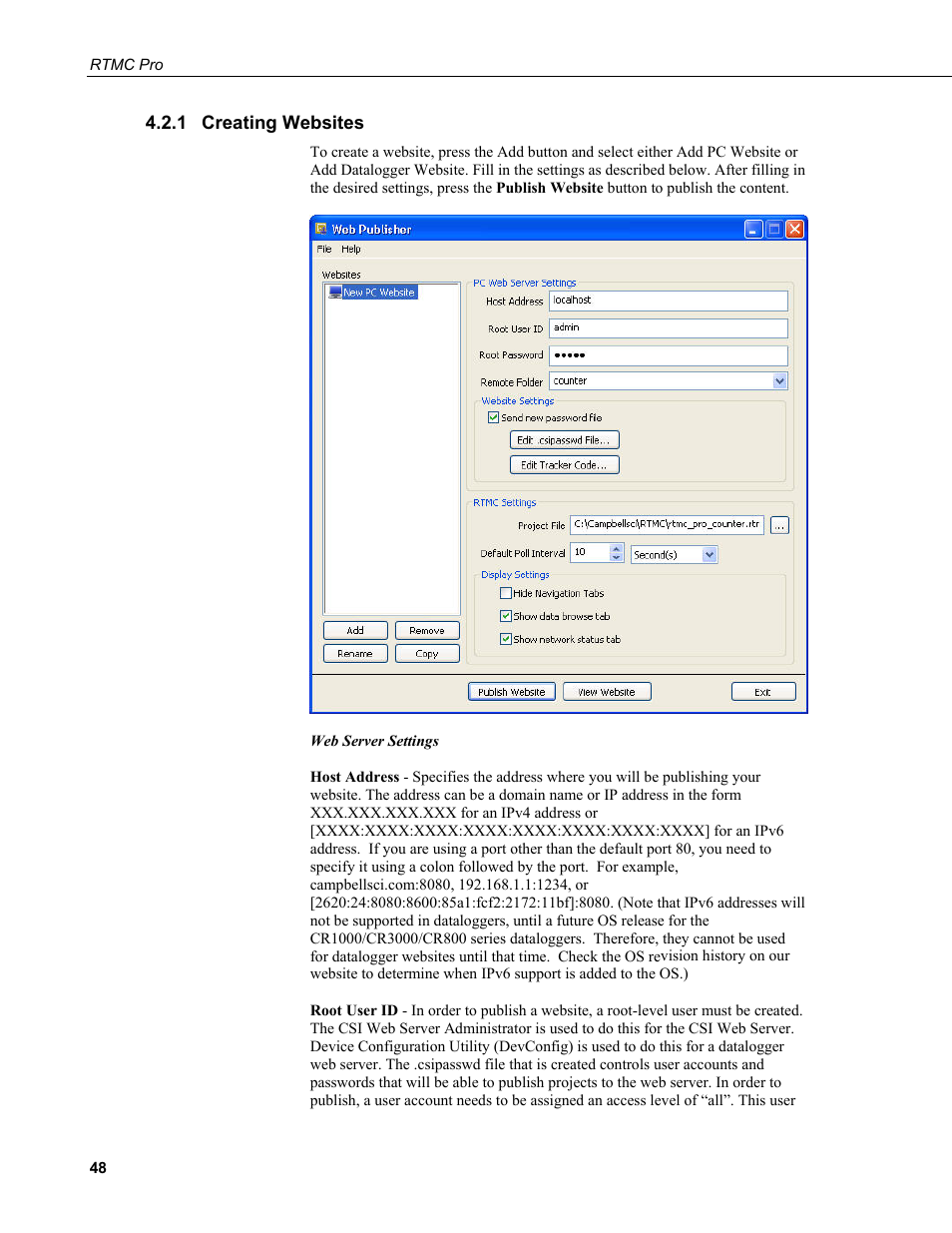 1 creating websites, Creating websites | Campbell Scientific RTMC Pro Real-Time Monitor and Control Professional Software User Manual | Page 54 / 76