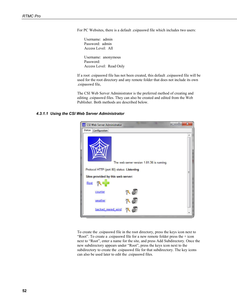 1 using the csi web server administrator, Using the csi web server administrator | Campbell Scientific RTMC Pro Real-Time Monitor and Control Professional Software User Manual | Page 58 / 76