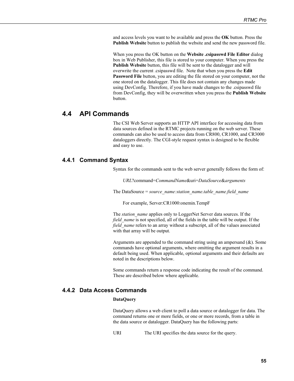 4 api commands, 1 command syntax, 2 data access commands | Api commands, Command syntax, Data access commands, 4 api comm, Ands | Campbell Scientific RTMC Pro Real-Time Monitor and Control Professional Software User Manual | Page 61 / 76