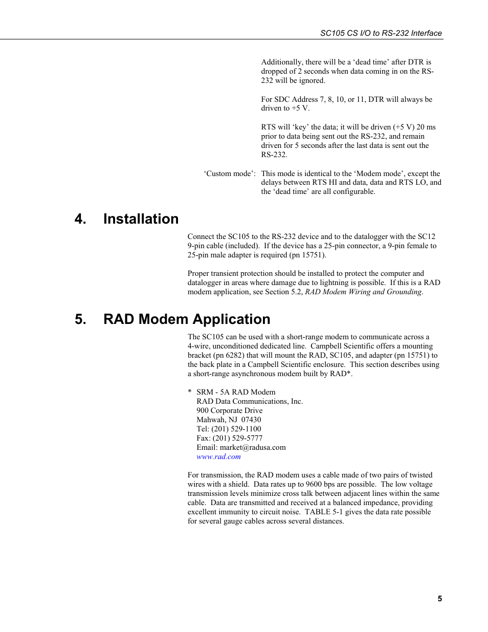 Installation, Rad modem application | Campbell Scientific SC105 9-pin to RS232 DCE Interface User Manual | Page 11 / 18