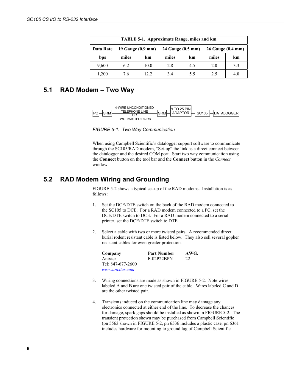 1 rad modem – two way, 2 rad modem wiring and grounding, Rad modem - two way | Rad modem wiring and grounding, 1. two, Communication, 1. approximate range, miles and km | Campbell Scientific SC105 9-pin to RS232 DCE Interface User Manual | Page 12 / 18