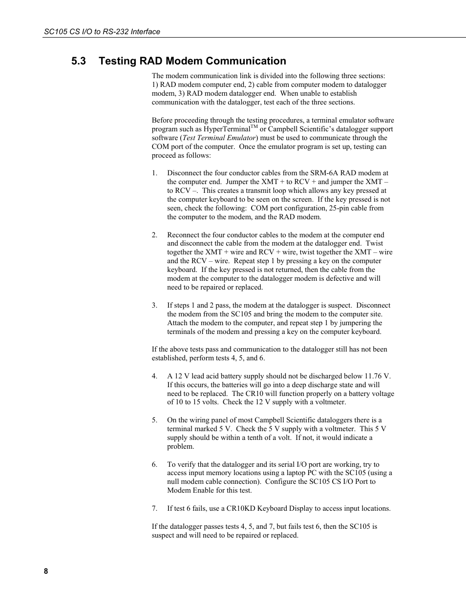 3 testing rad modem communication, Testing rad modem communication | Campbell Scientific SC105 9-pin to RS232 DCE Interface User Manual | Page 14 / 18