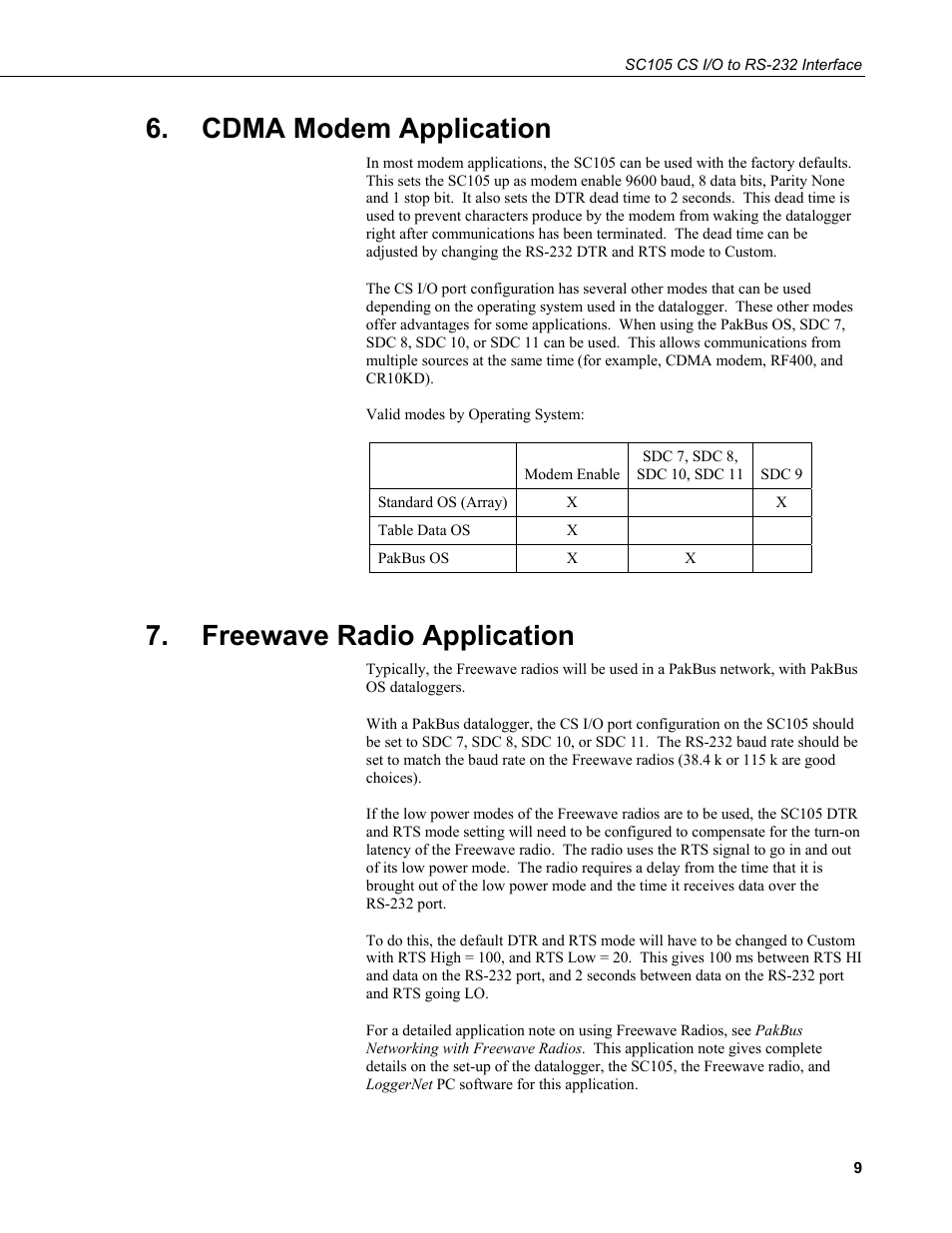 Cdma modem application, Freewave radio application | Campbell Scientific SC105 9-pin to RS232 DCE Interface User Manual | Page 15 / 18