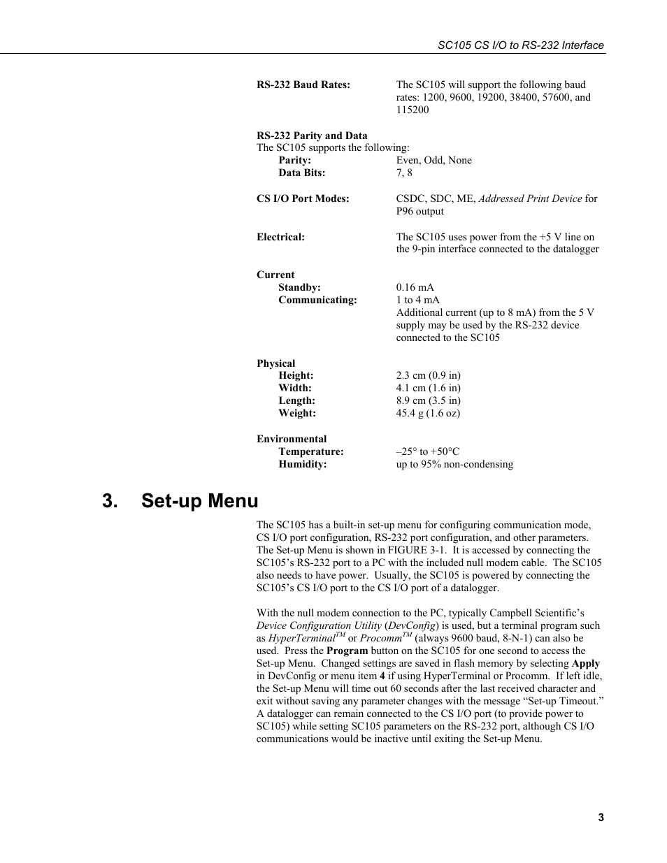 Set-up menu | Campbell Scientific SC105 9-pin to RS232 DCE Interface User Manual | Page 9 / 18