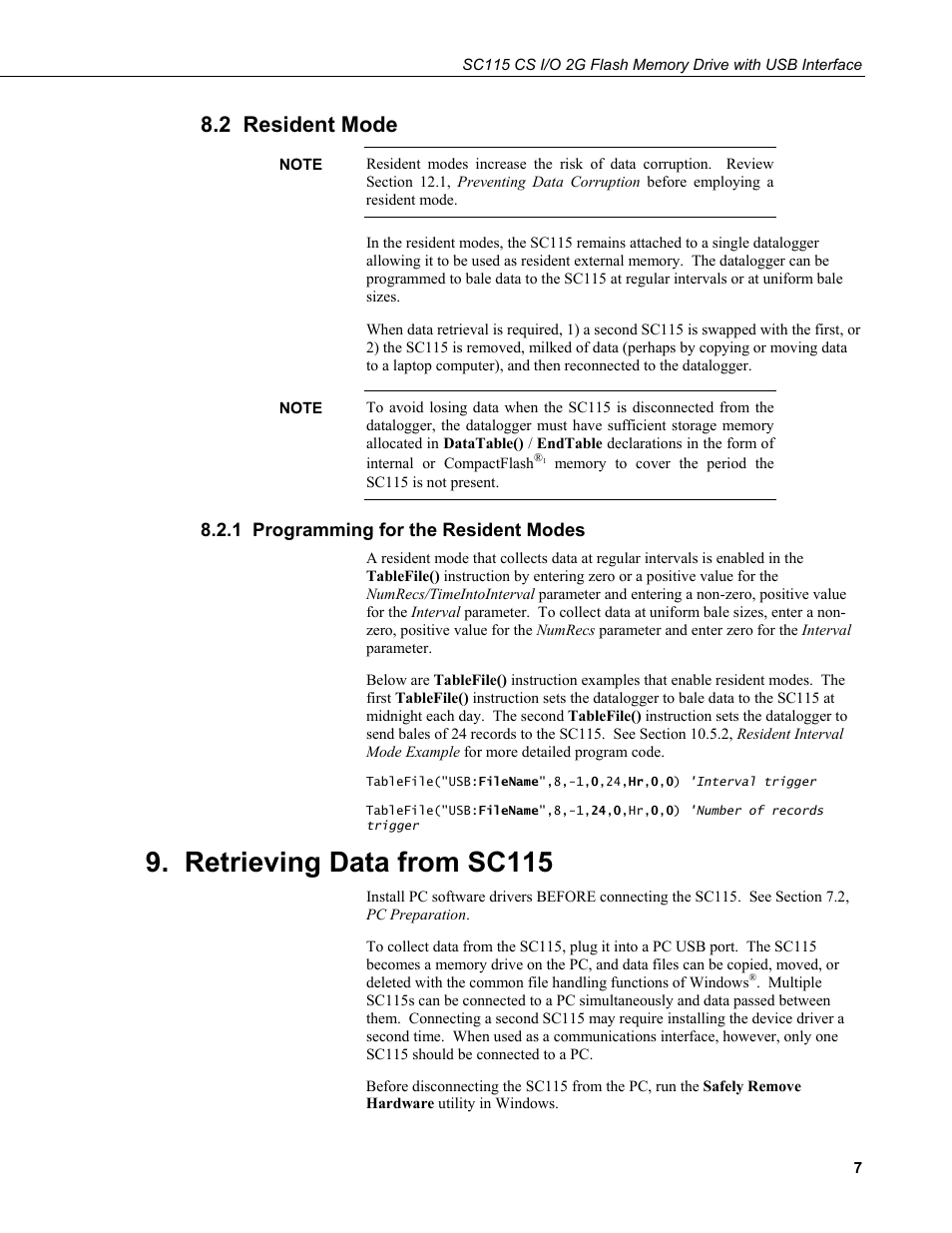 2 resident mode, 1 programming for the resident modes, Retrieving data from sc115 | Campbell Scientific SC115 CS I/O 2G Flash Memory Drive with USB Interface User Manual | Page 13 / 30
