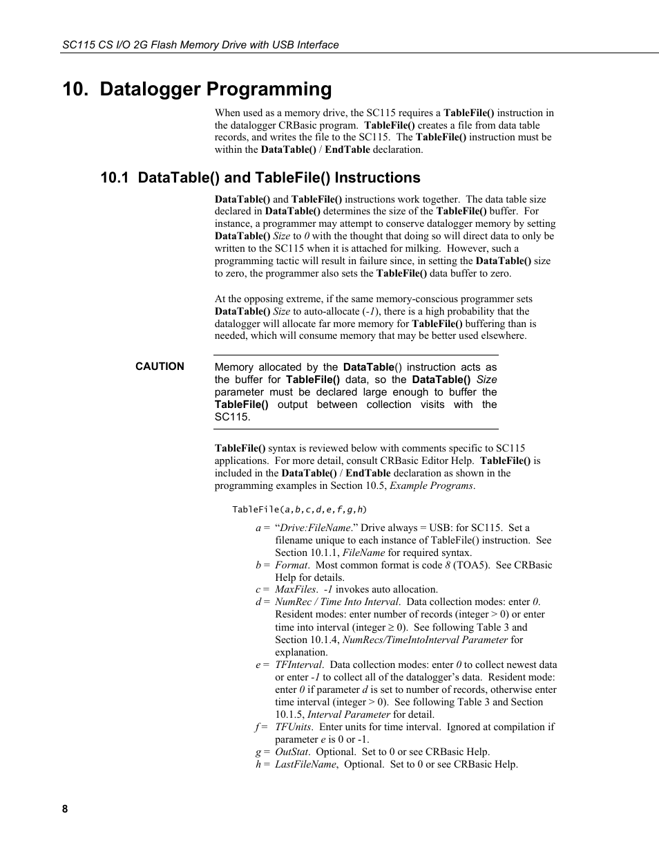 Datalogger programming, 1 datatable() and tablefile() instructions | Campbell Scientific SC115 CS I/O 2G Flash Memory Drive with USB Interface User Manual | Page 14 / 30