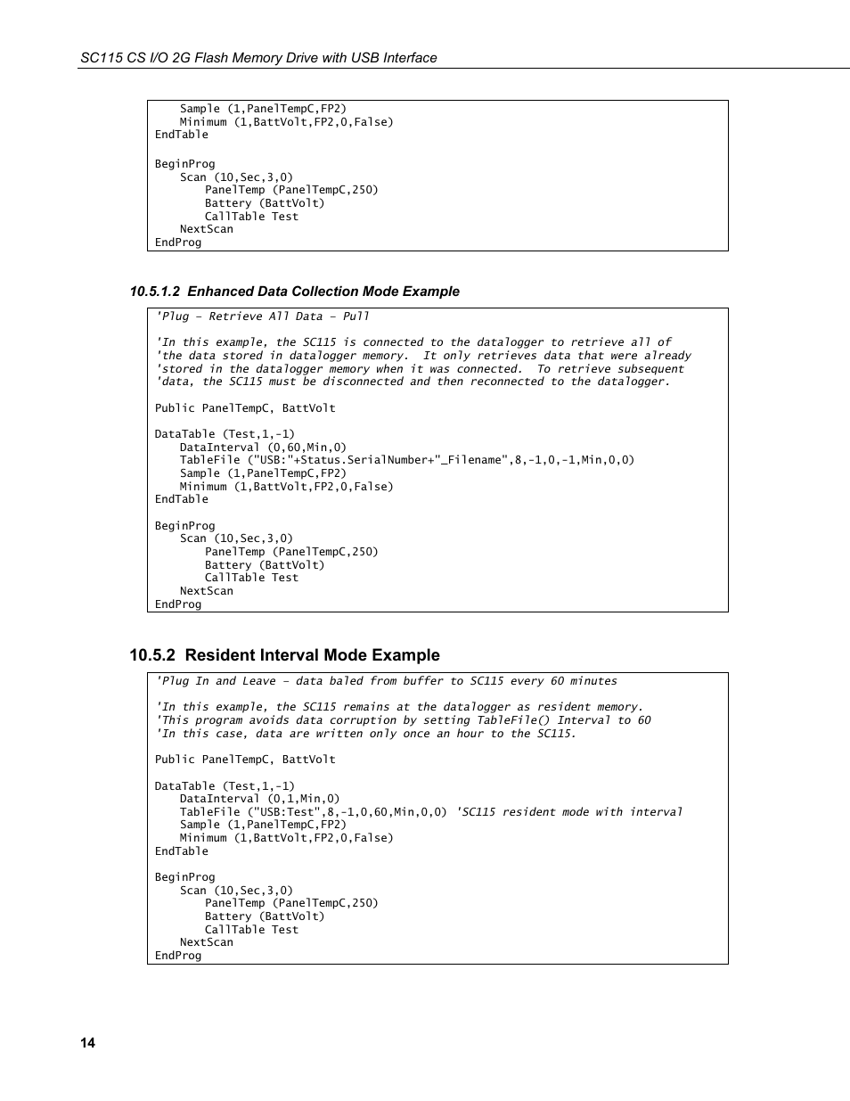 2 enhanced data collection mode example, 2 resident interval mode example | Campbell Scientific SC115 CS I/O 2G Flash Memory Drive with USB Interface User Manual | Page 20 / 30