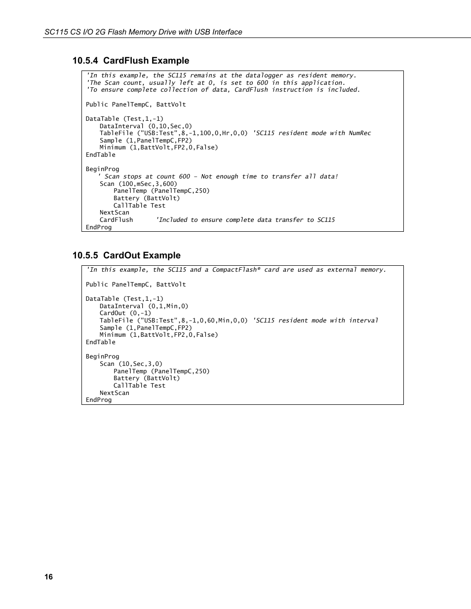 4 cardflush example, 5 cardout example | Campbell Scientific SC115 CS I/O 2G Flash Memory Drive with USB Interface User Manual | Page 22 / 30