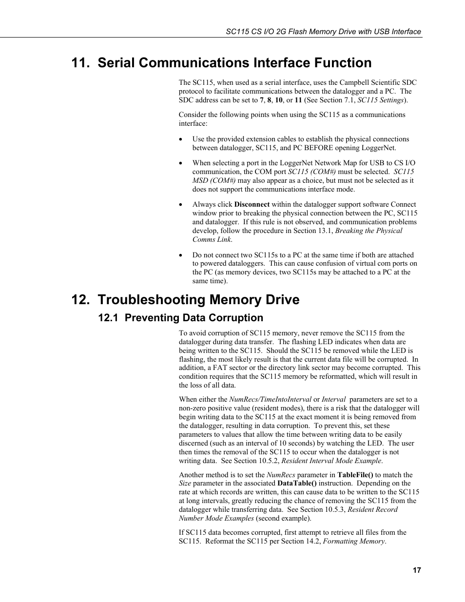 Serial communications interface function, Troubleshooting memory drive, 1 preventing data corruption | Campbell Scientific SC115 CS I/O 2G Flash Memory Drive with USB Interface User Manual | Page 23 / 30