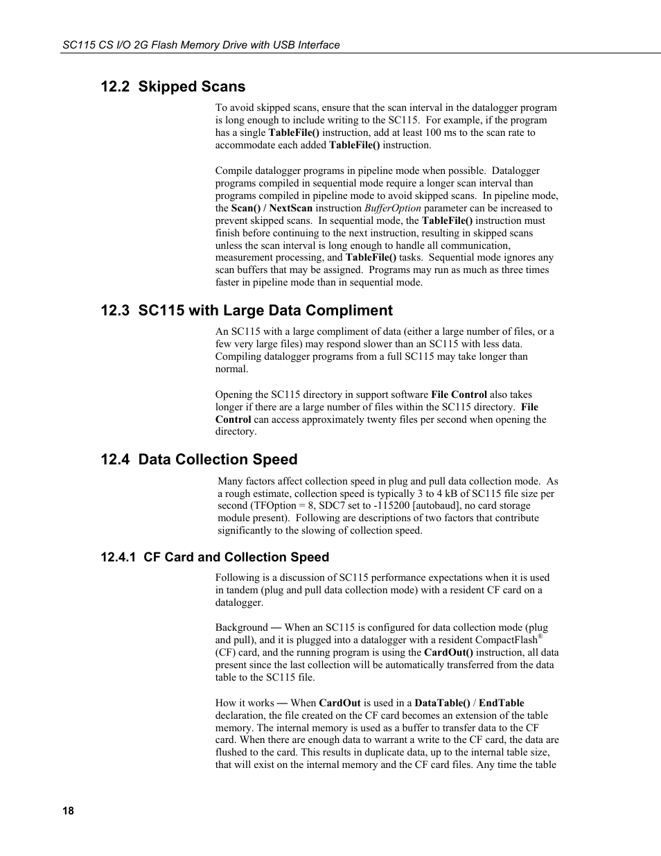 2 skipped scans, 3 sc115 with large data compliment, 4 data collection speed | 1 cf card and collection speed | Campbell Scientific SC115 CS I/O 2G Flash Memory Drive with USB Interface User Manual | Page 24 / 30