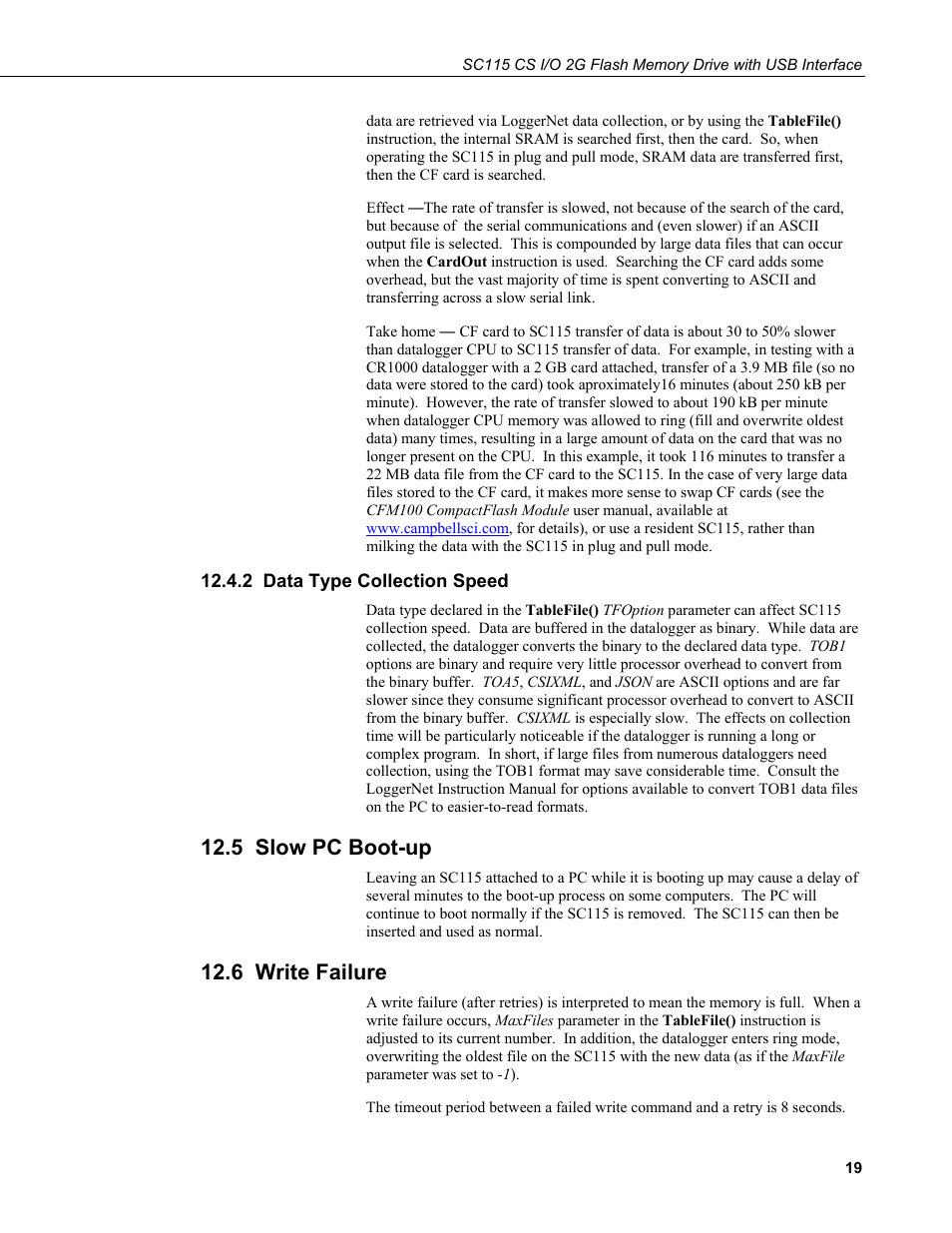 2 data type collection speed, 5 slow pc boot-up, 6 write failure | Campbell Scientific SC115 CS I/O 2G Flash Memory Drive with USB Interface User Manual | Page 25 / 30