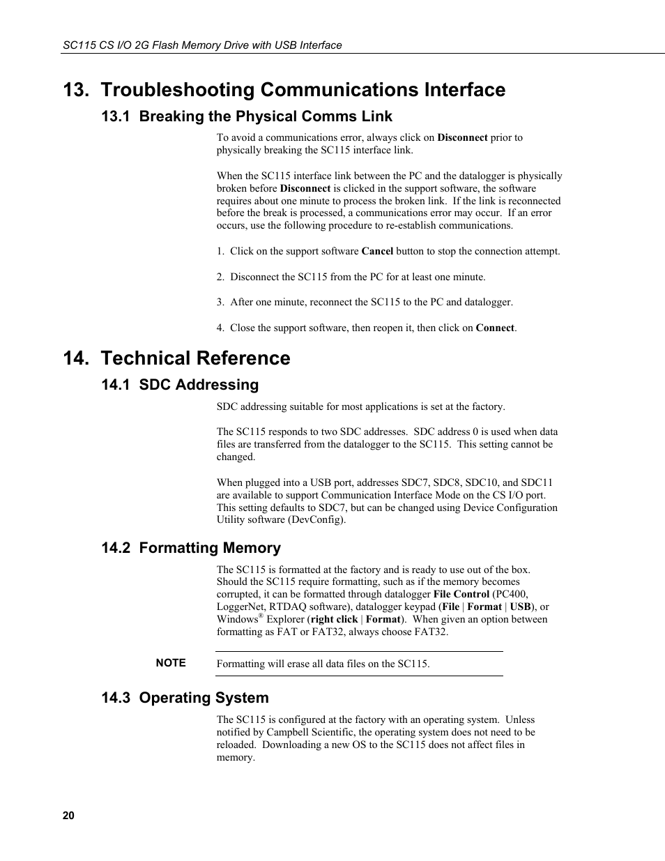 Troubleshooting communications interface, 1 breaking the physical comms link, Technical reference | 1 sdc addressing, 2 formatting memory, 3 operating system | Campbell Scientific SC115 CS I/O 2G Flash Memory Drive with USB Interface User Manual | Page 26 / 30