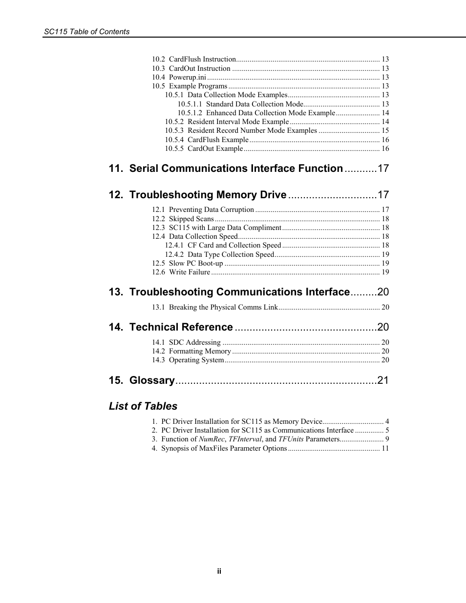 Troubleshooting communications interface, Technical reference, Glossary list of tables | Campbell Scientific SC115 CS I/O 2G Flash Memory Drive with USB Interface User Manual | Page 6 / 30