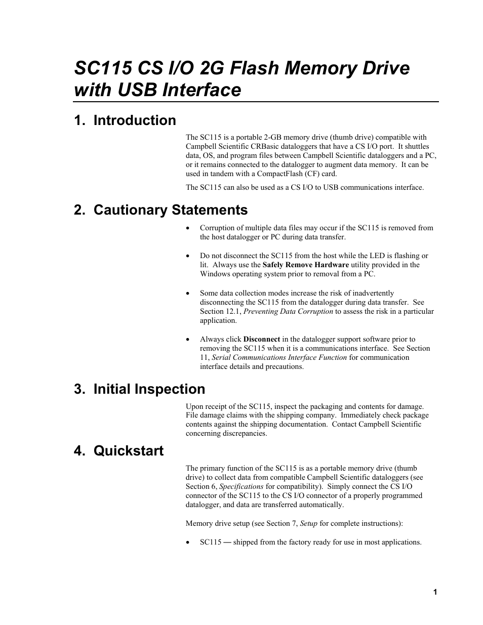 Introduction, Cautionary statements, Initial inspection | Quickstart | Campbell Scientific SC115 CS I/O 2G Flash Memory Drive with USB Interface User Manual | Page 7 / 30