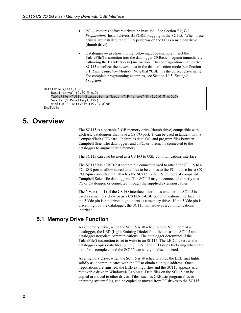Overview, 1 memory drive function | Campbell Scientific SC115 CS I/O 2G Flash Memory Drive with USB Interface User Manual | Page 8 / 30