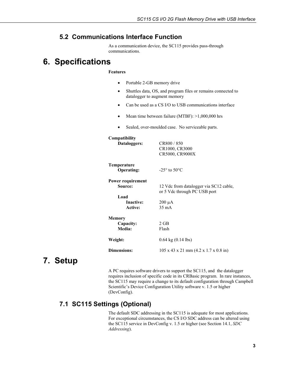 2 communications interface function, Specifications, Setup | 1 sc115 settings (optional) | Campbell Scientific SC115 CS I/O 2G Flash Memory Drive with USB Interface User Manual | Page 9 / 30