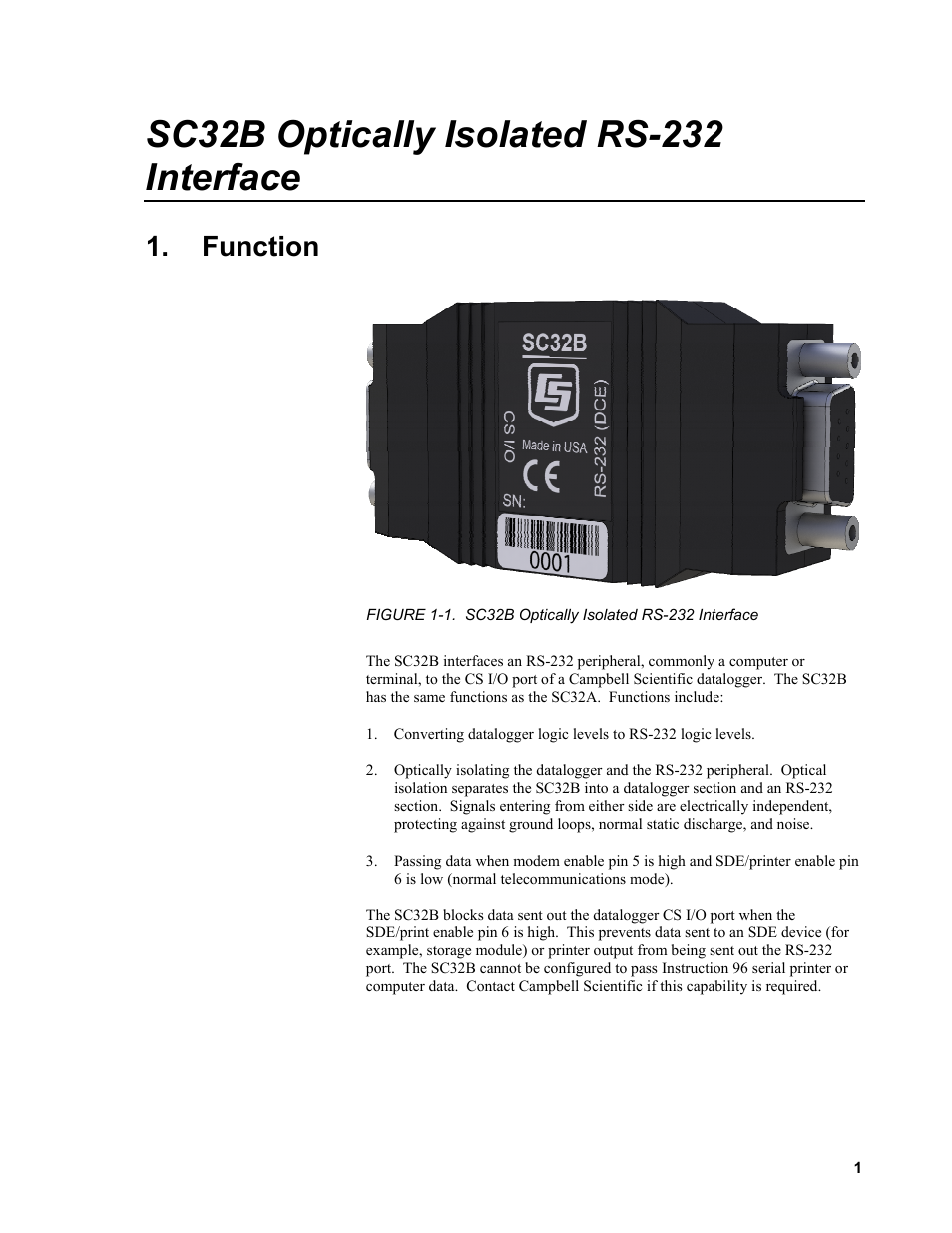 Function, 1. sc32b optically isolated rs-232 interface | Campbell Scientific SC32B Optically Isolated RS-232 Interface User Manual | Page 7 / 12