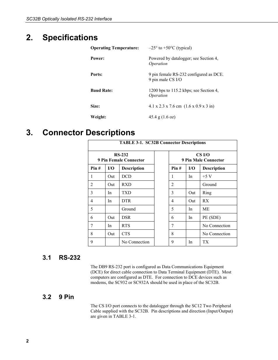 Specifications, Connector descriptions, 1 rs-232 | 2 9 pin, Rs-232, 9 pin, 1. sc32b, Connector, Descriptions | Campbell Scientific SC32B Optically Isolated RS-232 Interface User Manual | Page 8 / 12