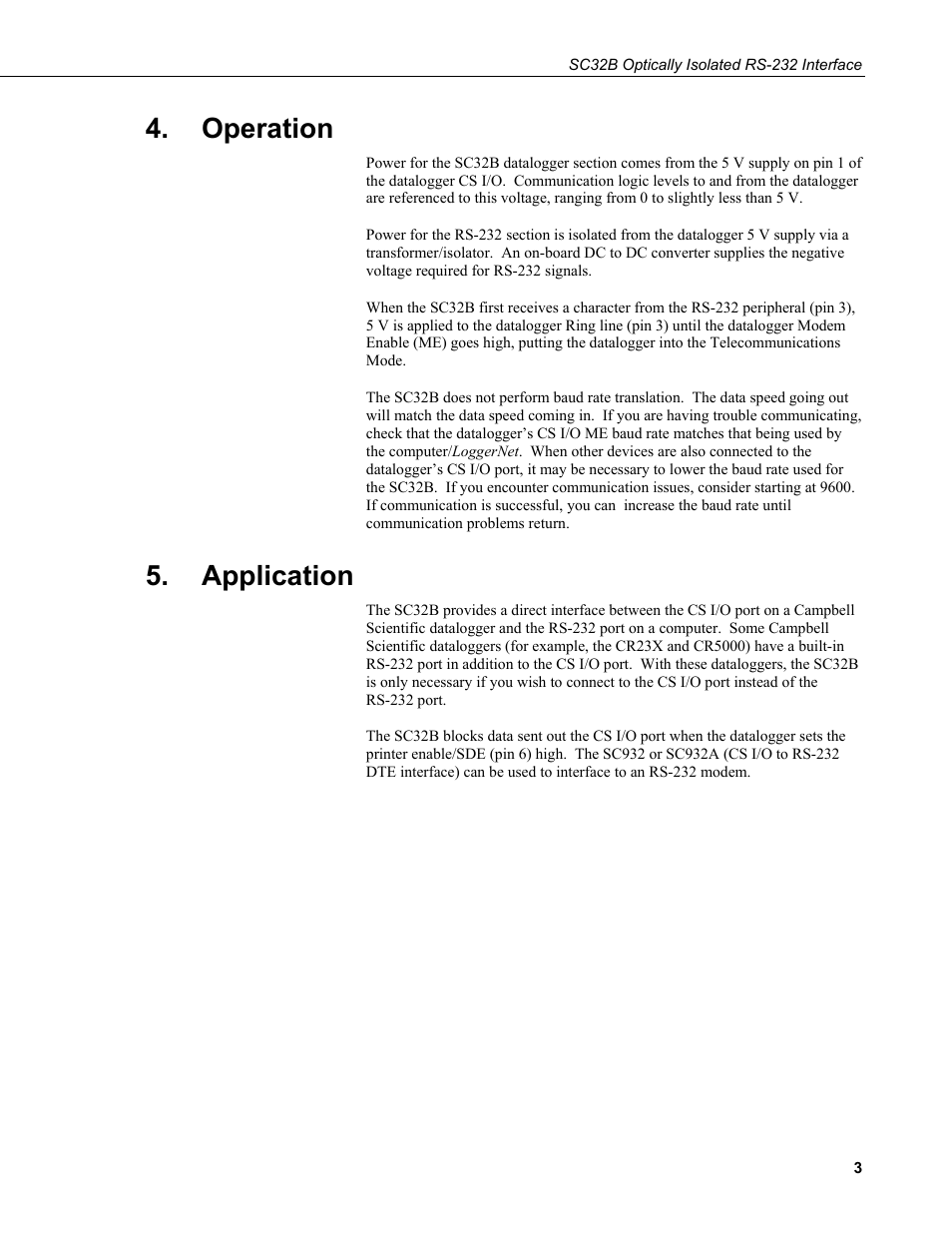 Operation, Application | Campbell Scientific SC32B Optically Isolated RS-232 Interface User Manual | Page 9 / 12