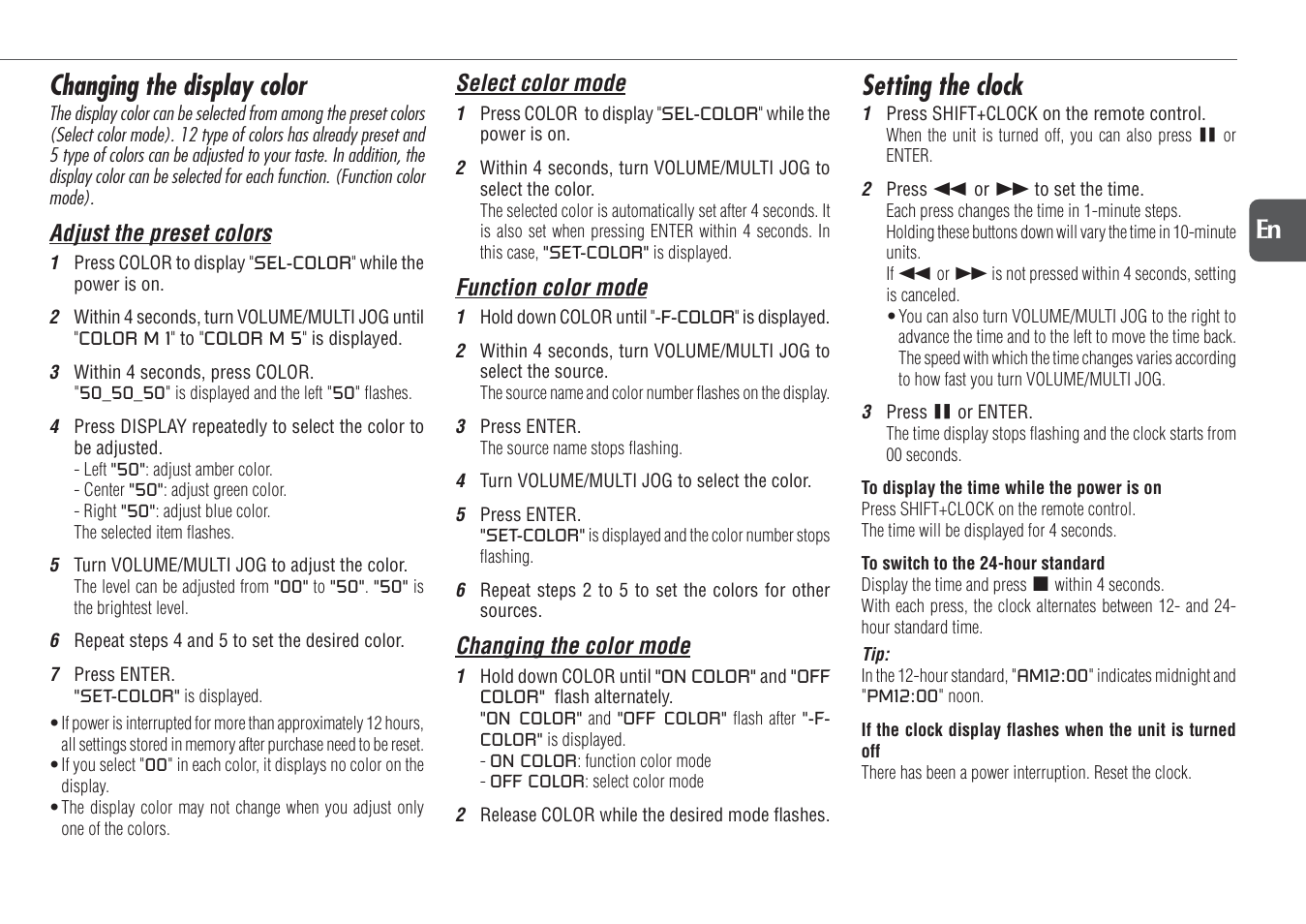 Changing the display color, Setting the clock, 13 en | Aiwa XR-DV700 User Manual | Page 13 / 40