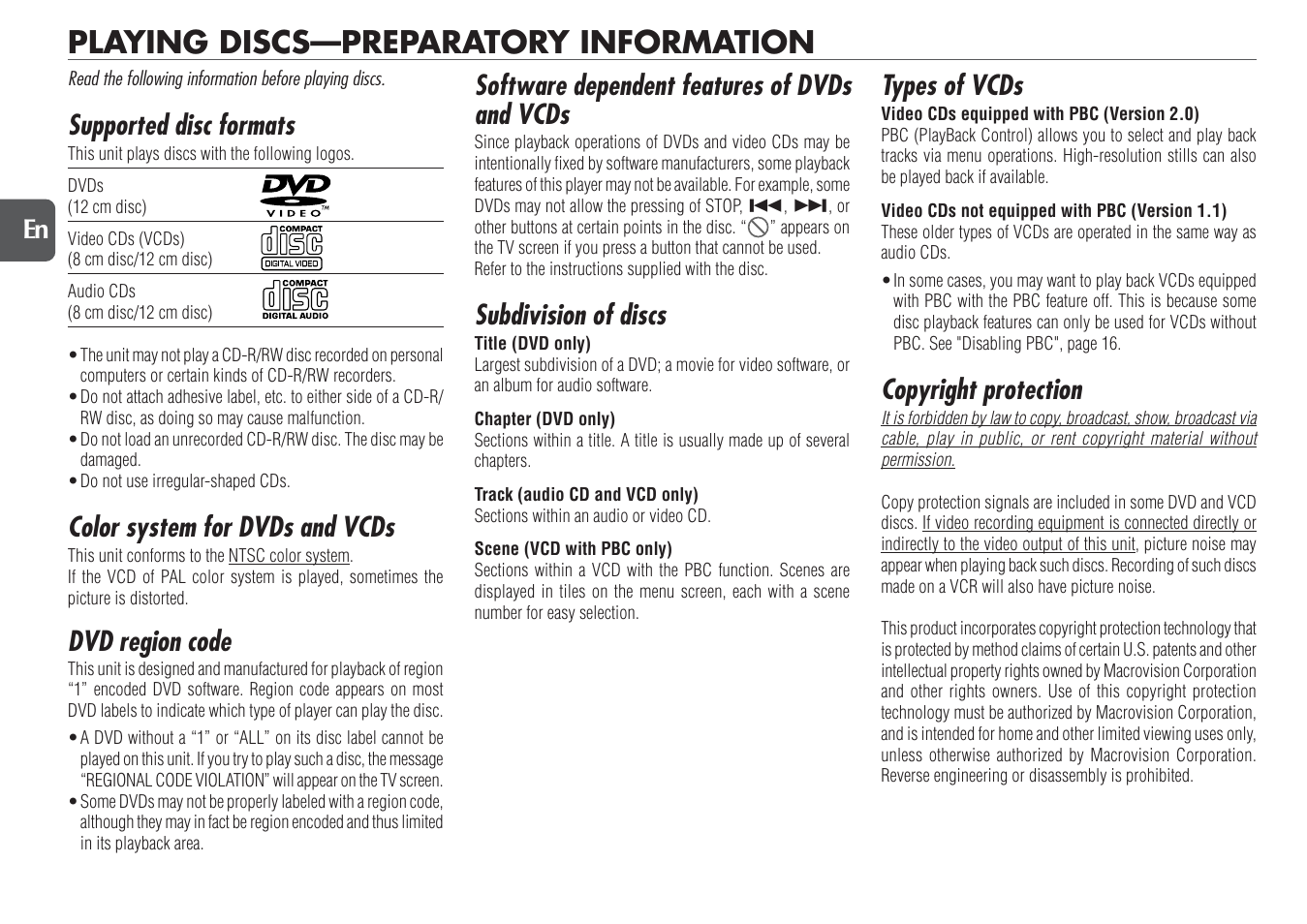Playing discs—preparatory information, Supported disc formats, Color system for dvds and vcds | Dvd region code, Software dependent features of dvds and vcds, Subdivision of discs, Types of vcds, Copyright protection, 14 en | Aiwa XR-DV700 User Manual | Page 14 / 40