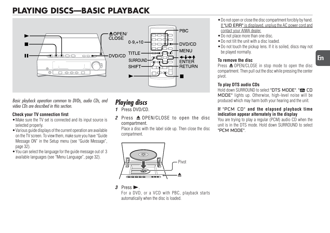 Playing discs—basic playback, Playing discs, 15 en | Aiwa XR-DV700 User Manual | Page 15 / 40