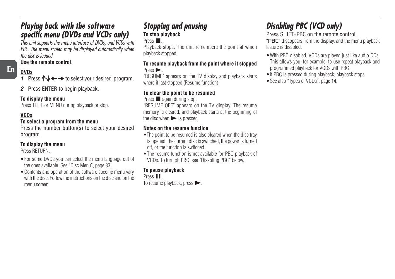 Stopping and pausing, Disabling pbc (vcd only), 16 en | Aiwa XR-DV700 User Manual | Page 16 / 40