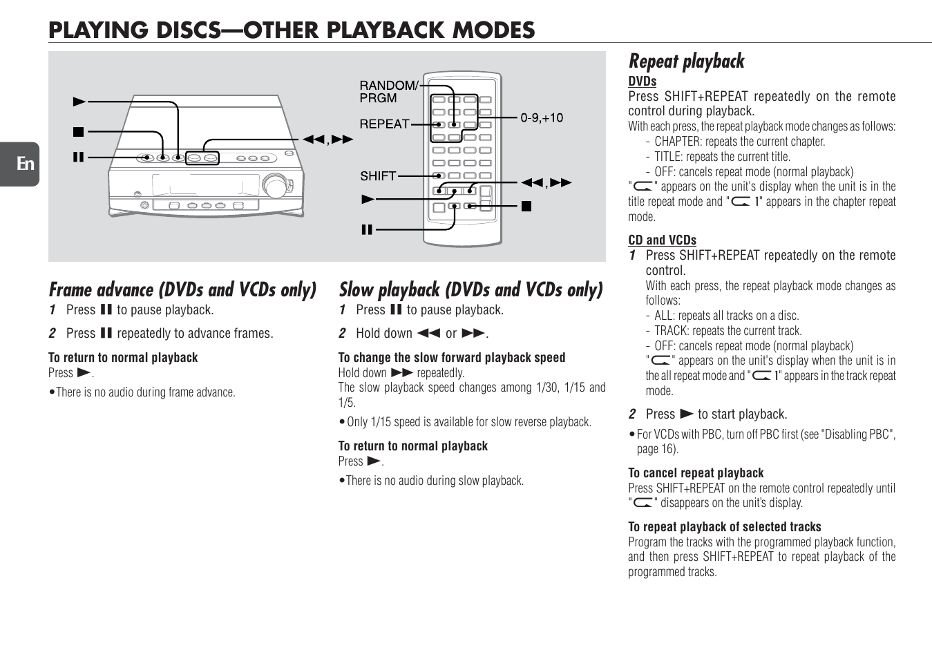 Playing discs—other playback modes, Frame advance (dvds and vcds only), Slow playback (dvds and vcds only) | Repeat playback, 18 en | Aiwa XR-DV700 User Manual | Page 18 / 40