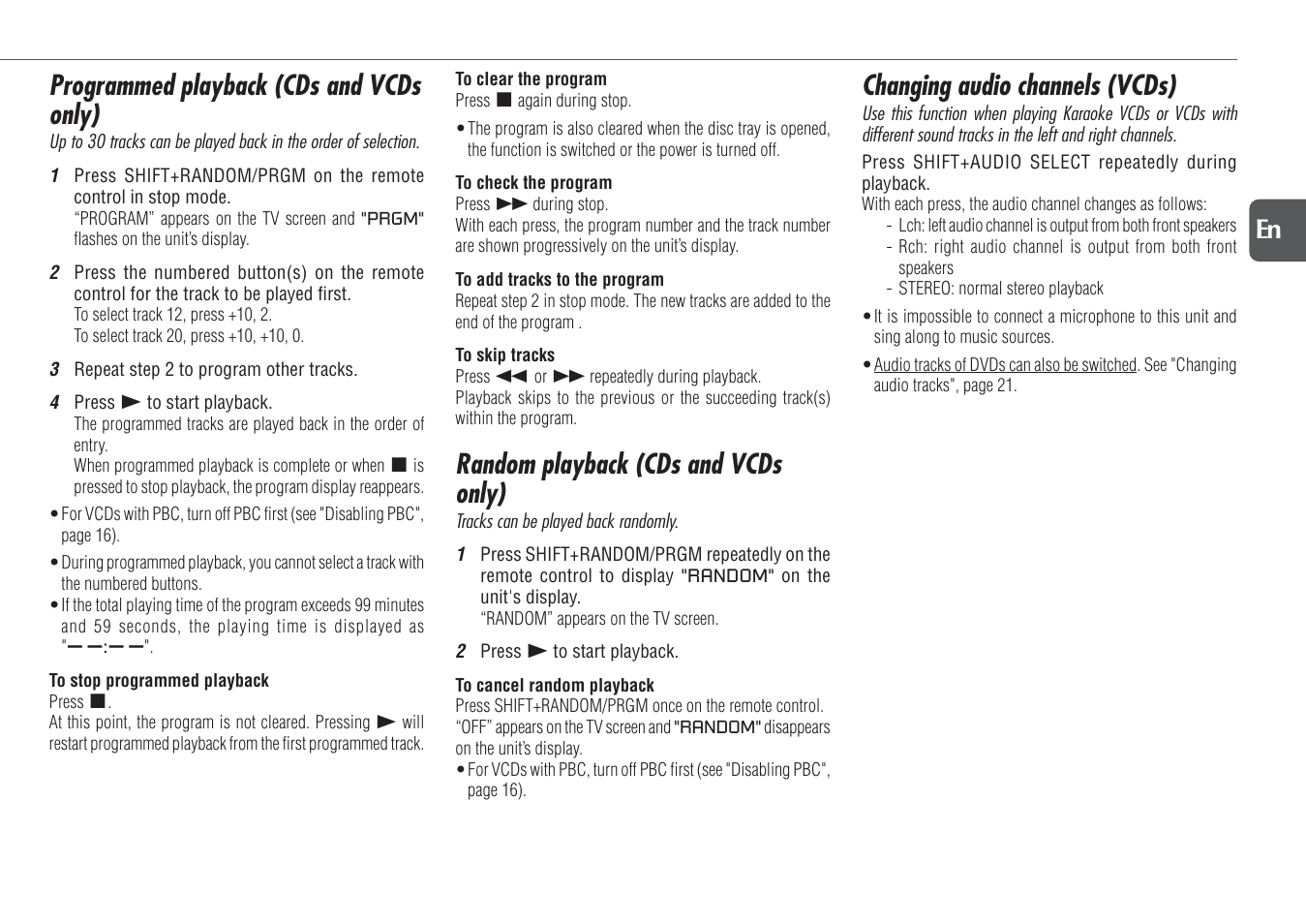 Programmed playback (cds and vcds only), Random playback (cds and vcds only), Changing audio channels (vcds) | 19 en | Aiwa XR-DV700 User Manual | Page 19 / 40