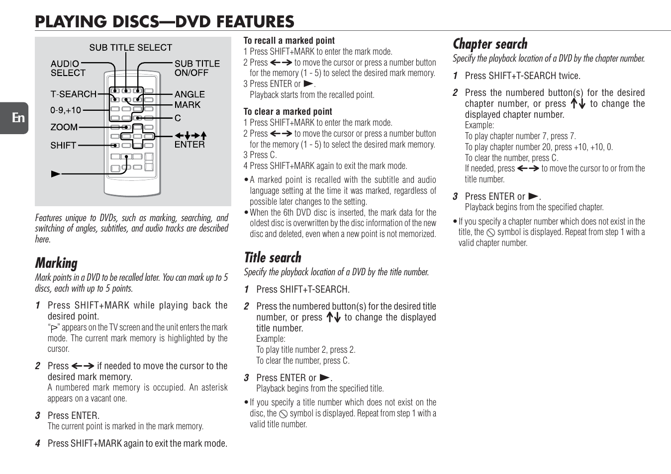 Playing discs—dvd features, Title search, Chapter search | Marking, 20 en | Aiwa XR-DV700 User Manual | Page 20 / 40